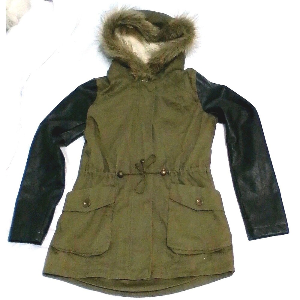 Thread & Supply S Womens Olive Green Parka Utility Jacket Faux Leather Sleeve